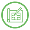 Icon showing a pencil over an unrolled sheet of paper depicting a visual plan