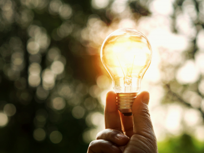 A hand holding a lightbulb